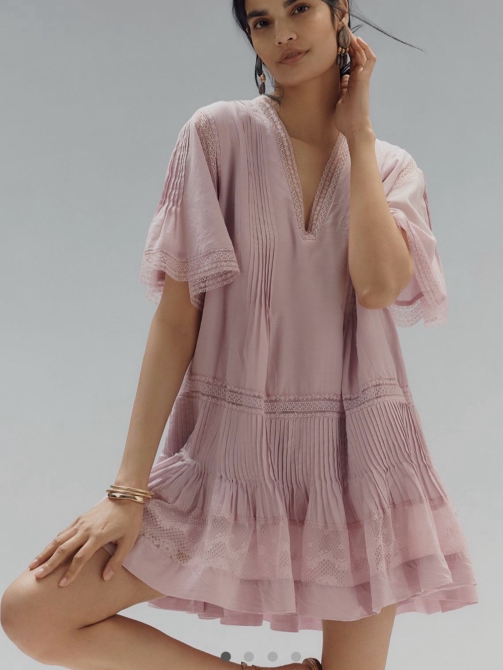 Maeve Short Sleeve V-Neck Pintuck Swing Mini Tunic Dress with Lace Trim